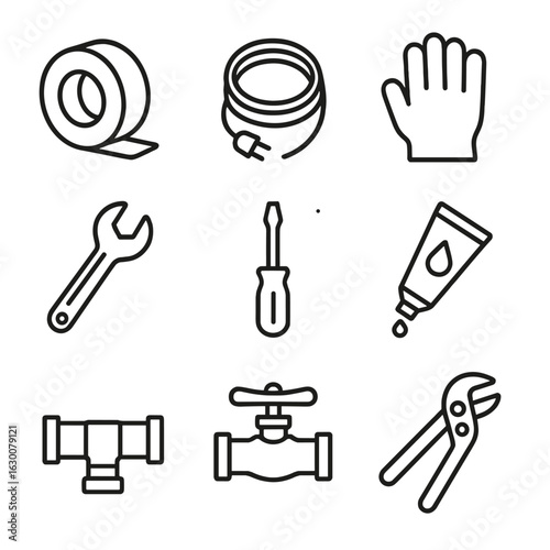 Pipe Maintenance Icons. Outline icon set of pipe maintenance accessories: insulation tape, heat tape, gloves,
