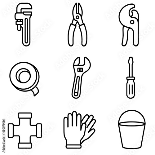 Pipe Repair Tools. Outline icon set of pipe repair tools: pipe wrench, pliers, pipe cutter, sealant tape,