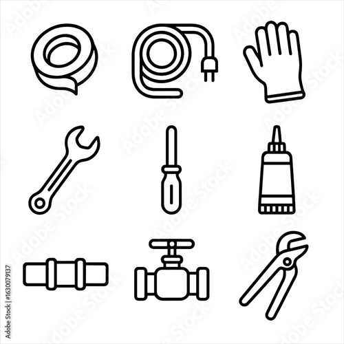 Pipe Maintenance Icons. Outline icon set of pipe maintenance accessories: insulation tape, heat tape, gloves,