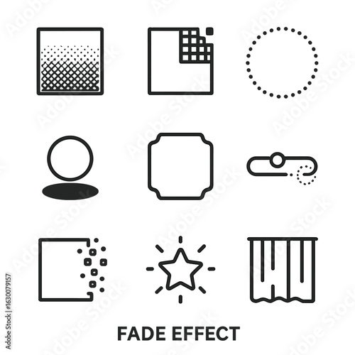 Outline Icon Effects. Outline icon set of fade effects: gradient, transparency, blur, shadow, vignette, opacity slider, dissolve,