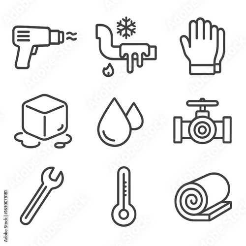 Pipe Thawing Icons. Outline icon set of pipe thawing process: heat gun, frozen pipe, gloves, ice, water