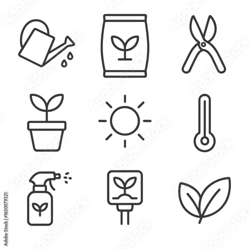 Plant Care Icons. Outline icon set of plant health tips: watering can, fertilizer bag, pruning shears,