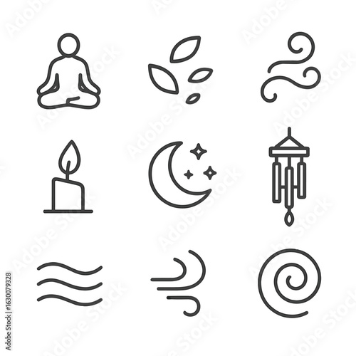 Meditation Icon Set. Outline icon set of meditation night breeze: sitting figure silhouette, lotus petals drifting, incense smoke