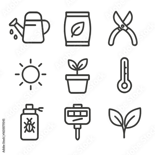Plant Care Icons. Outline icon set of plant health tips: watering can, fertilizer bag, pruning shears,