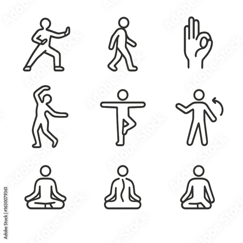 Meditative Movement Icons. Outline icon set of meditative movement: tai chi stance, slow walk, hand mudras, body flow, balance