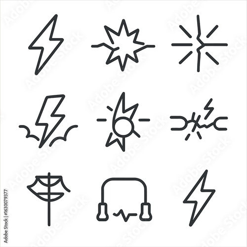 Electric Energy Icons. Outline icon set of crackling energy: electric bolt, power surge, plasma, spark, lightning, circuit break,