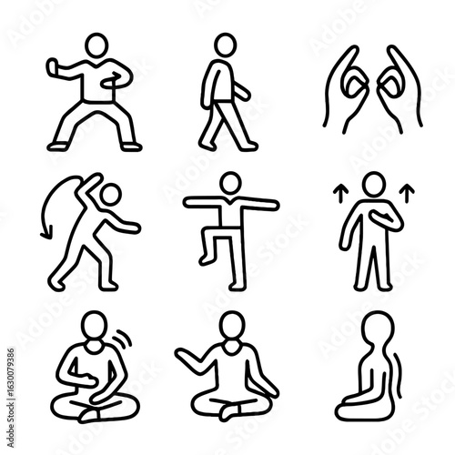 Meditative Movement Icons. Outline icon set of meditative movement: tai chi stance, slow walk, hand mudras, body flow, balance