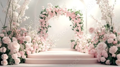 Soft pink flower arch with rose and delicate blossom decoration on elegant white staircase, creating romantic and elegant floral setting perfect for weddings and special celebrations