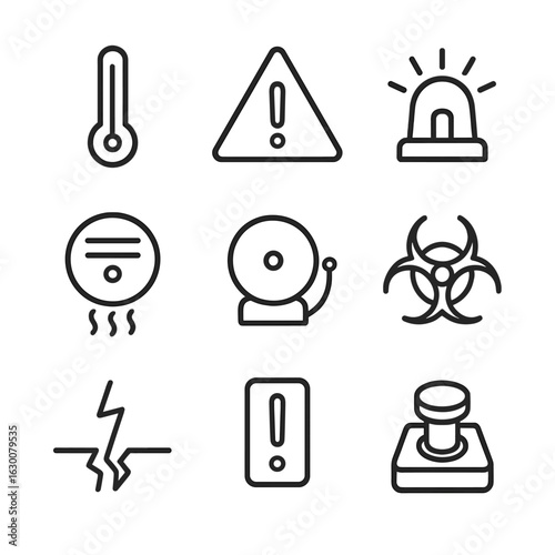 Meltdown Warning Icons. Outline icon set of meltdown warning signs: temperature gauge, warning triangle, flashing light, smoke