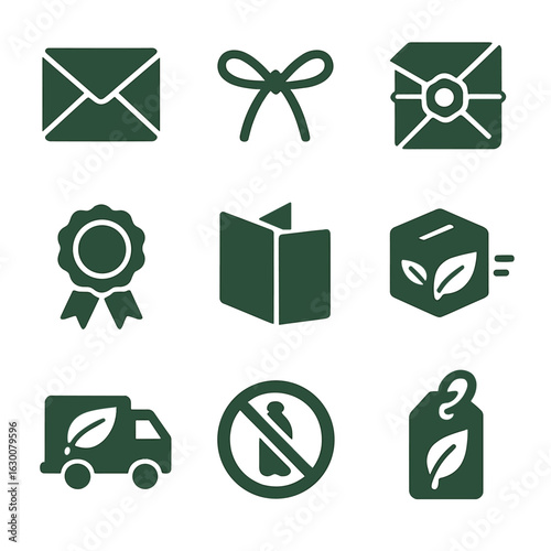 Plastic-Free Packaging Icons. Solid, filled icons set of plastic-free packaging designs: cardboard envelope,