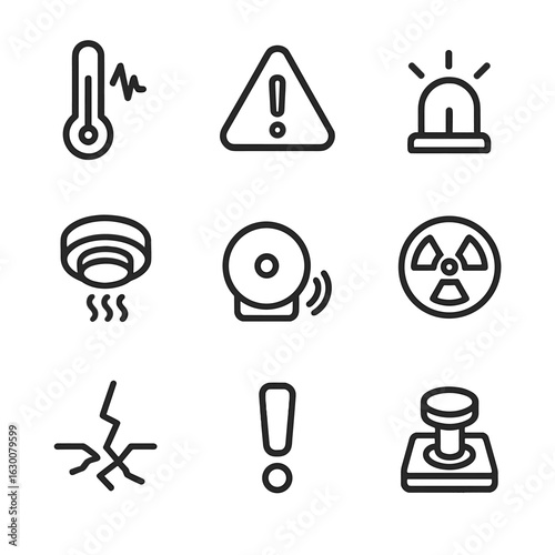 Meltdown Warning Icons. Outline icon set of meltdown warning signs: temperature gauge, warning triangle, flashing light, smoke