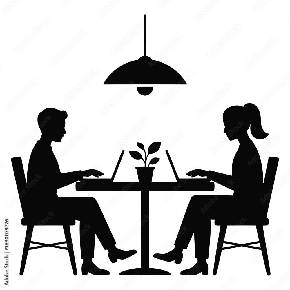 Fototapeta premium People working on laptops at a table with a plant and lamp woman
