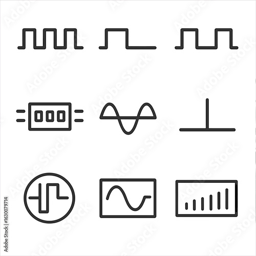 Electronic Pulse Icons. Outline icon set of electronic pulses: digital signal, clock pulse, square wave, data packet, signal