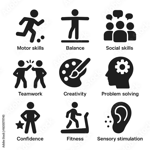 Playground Development Icons. Solid, filled icons set of developmental benefits of playgrounds: motor skills,