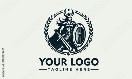 A stylized logo featuring a warrior woman, sword, and shield, encircled by laurel wreath.