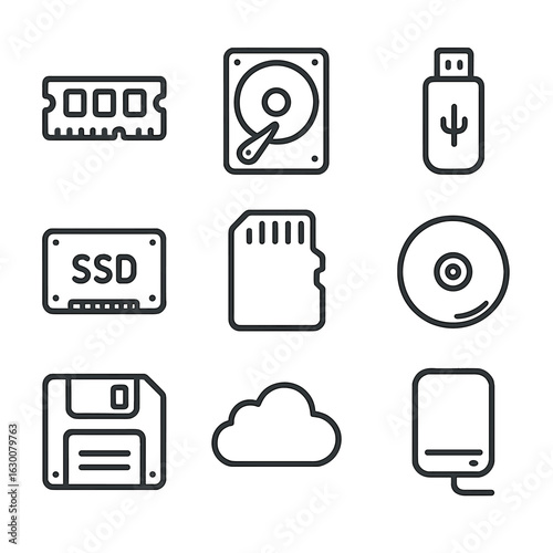 Memory Devices Icon Set. Outline icon set of memory devices: RAM chip, hard drive, USB flash drive, SSD, memory card, CD, floppy