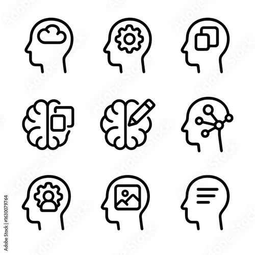 Memory Icons Grid. Outline icon set of memory storage types: short-term memory, long-term memory, working memory, sensory memory,