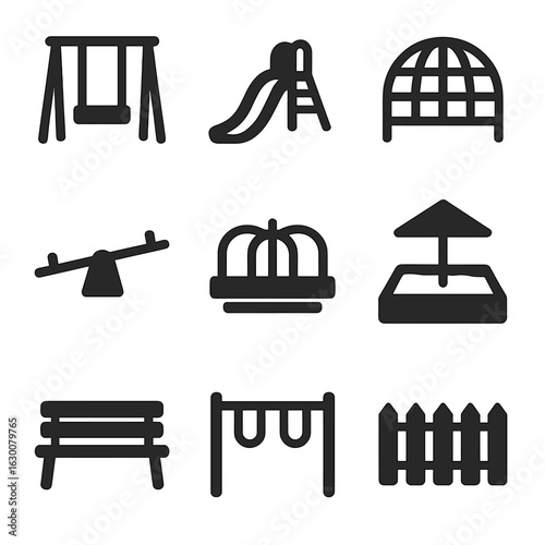 Playground Equipment Icons. Solid, filled icons set of playground equipment: swing, slide, climbing frame,