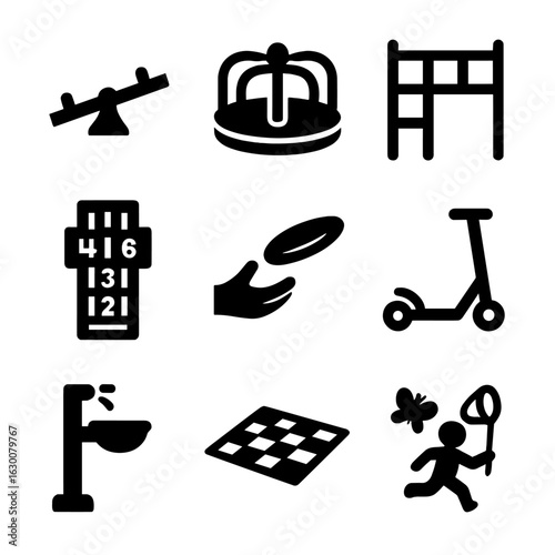 Playground Activity Icons. Solid, filled icons set of park playground activities: seesaw, merry-go-round,