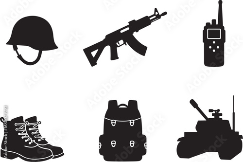 Military gear silhouettes, ready for action with weapons and equipment