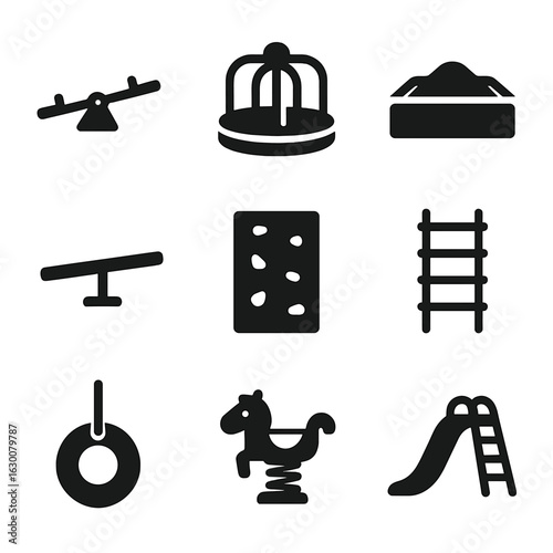 Playground Equipment Icons. Solid, filled icons set of playground equipment: seesaw, merry-go-round, sandbox,