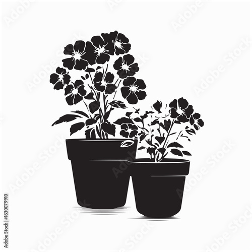 Beautiful Colorful Flowers Blooming in Rustic Clay Pots on Wooden Garden Table
