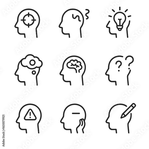 Mental and Sensory Icons. Outline icon set of mental states: focus, distraction, inspiration, daydream, memory, confusion,