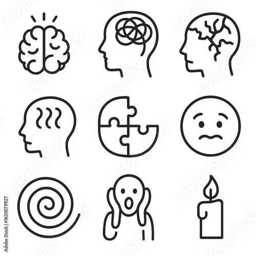 Mental Breakdown Icons. Outline icon set of mental breakdown: overwhelmed brain, chaotic thoughts, crumbling mind, stress waves,