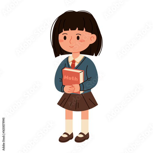 Flat style illustration of a schoolgirl holding a math book, ideal for educational content, learning materials, and school-themed designs