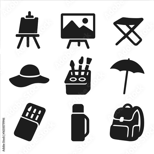Plein Air Equipment Icons. Solid, filled icons set of plein air painting setup: outdoor easel, landscape