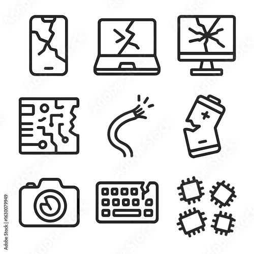 Electronic Wreckage Icons. Outline icon set of electronic wreckage: smashed phone, broken computer, shattered screen, damaged