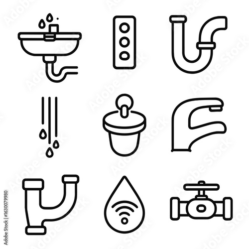 Plumbing Icon Set. Outline icon set of Sink overflow and drainage system: sink bowl, overflow vent, drainpipe,