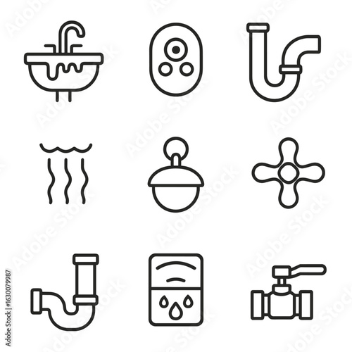 Plumbing Icon Set. Outline icon set of Sink overflow plumbing: basin, overflow hole, drainage system, water