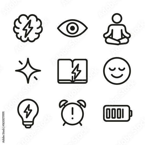 Mental Energy Icons. Outline icon set of mental energy: brain lightning, focus eye, meditating person, motivation spark, book with