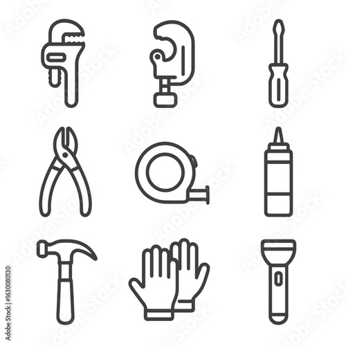 Plumbing Tools Icon Set. Outline icon set of plumbing tools kit: wrench, pipe cutter, screwdriver, pliers,