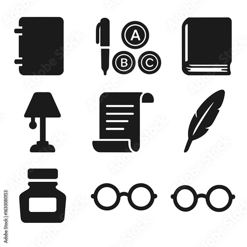Poetry Icons Set. Solid, filled icons set of Poetry and prose essentials: notebook, pen, typewriter keys, old