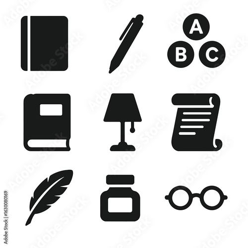 Poetry Icons Set. Solid, filled icons set of Poetry and prose essentials: notebook, pen, typewriter keys, old