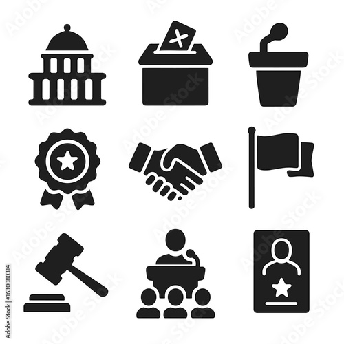 Political Leadership Icons. Solid, filled icons set of political leadership: government building, ballot box,