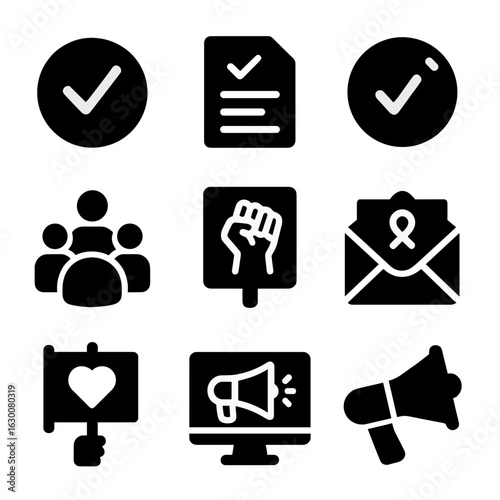 Political Icon Set. Solid, filled icons set of political expression at work: vote sticker, policy paper,