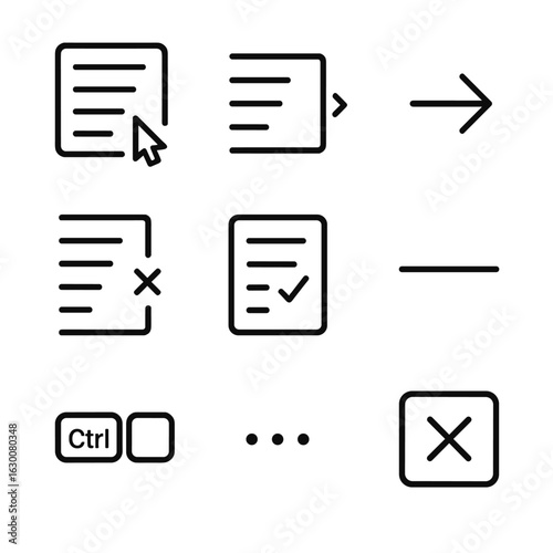 Outline Menu Icons. Outline icon set of context menus: right-click menu, option list, submenu arrow, disabled option, checkmark