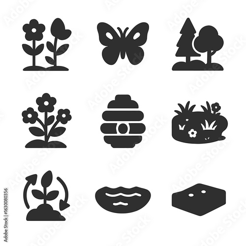 Pollination Icons Grid. Solid, filled icons set of pollination and habitat: flowering plants, butterfly,