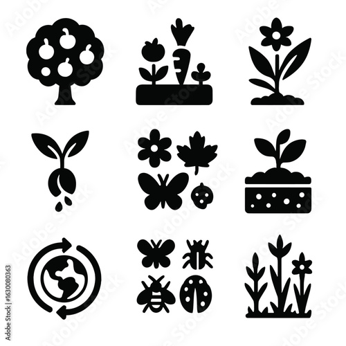 Pollination Icons Grid. Solid, filled icons set of pollination ecosystem services: fruit tree, vegetable