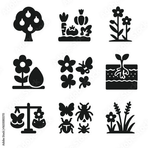 Pollination Icons Grid. Solid, filled icons set of pollination ecosystem services: fruit tree, vegetable