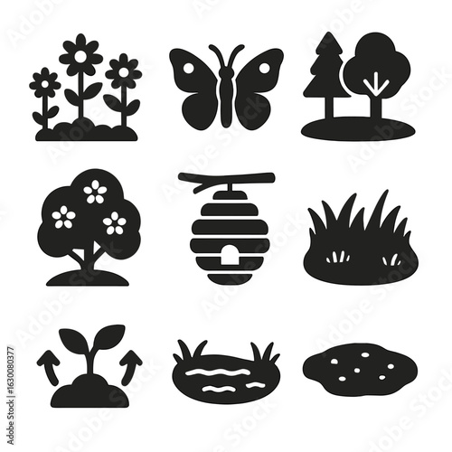 Pollination Icons Grid. Solid, filled icons set of pollination and habitat: flowering plants, butterfly,