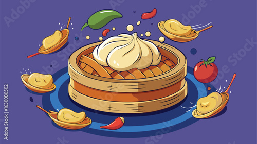 Illustration of a dumpling in a bamboo steamer with dipping sauces and vegetables around it