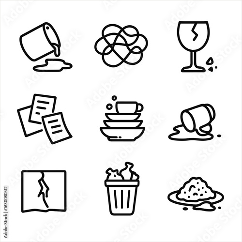 Mess Icon Set. Outline icon set of mess objects: spilled paint, tangled wires, broken glass, scattered papers, dirty dishes,