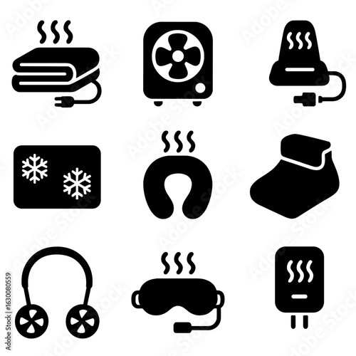Portable Comfort Icons. Solid, filled icons set of on-the-go comfort appliances: heated blanket, compact fan