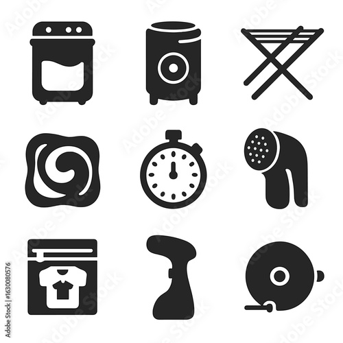 Portable Laundry Icon Set. Solid, filled icons set of portable laundry equipment: mini washer, spin dryer,