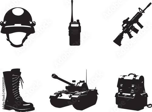 Military gear and vehicle silhouettes for powerful designs