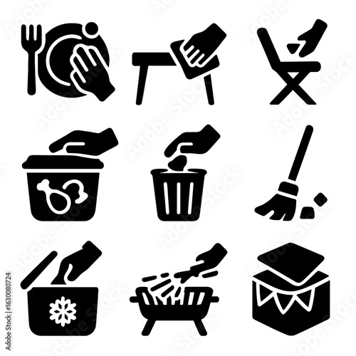 Post-BBQ Cleanup Icons. Solid, filled icons set of post-BBQ cleanup: washing dishes, wiping tables, folding